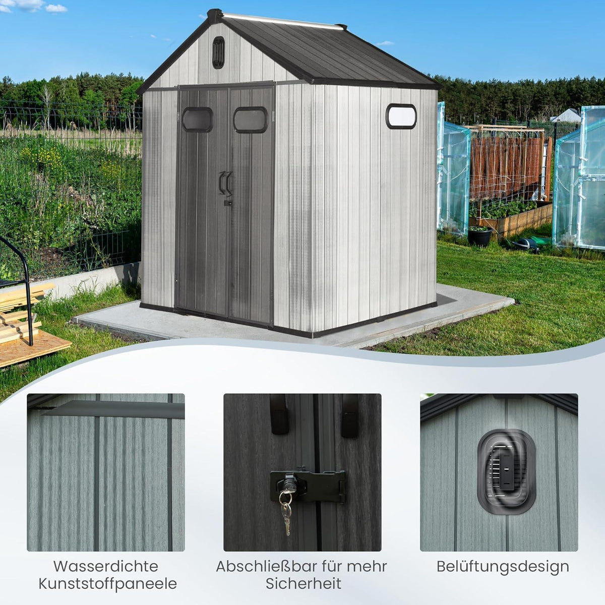 Gartenhaus Kunststoff Grau – 1,8 x 1,8m, Wetterfest & Abschließbar