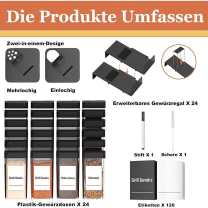 Gewürz Organizer Schublade 24er Set mit 24 Streuern, Schwarz