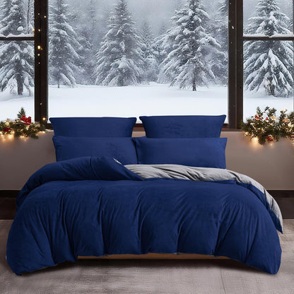 Winter Bettwäsche 135x200 - Dunkelblau Grau, 4-teilig & Flauschig