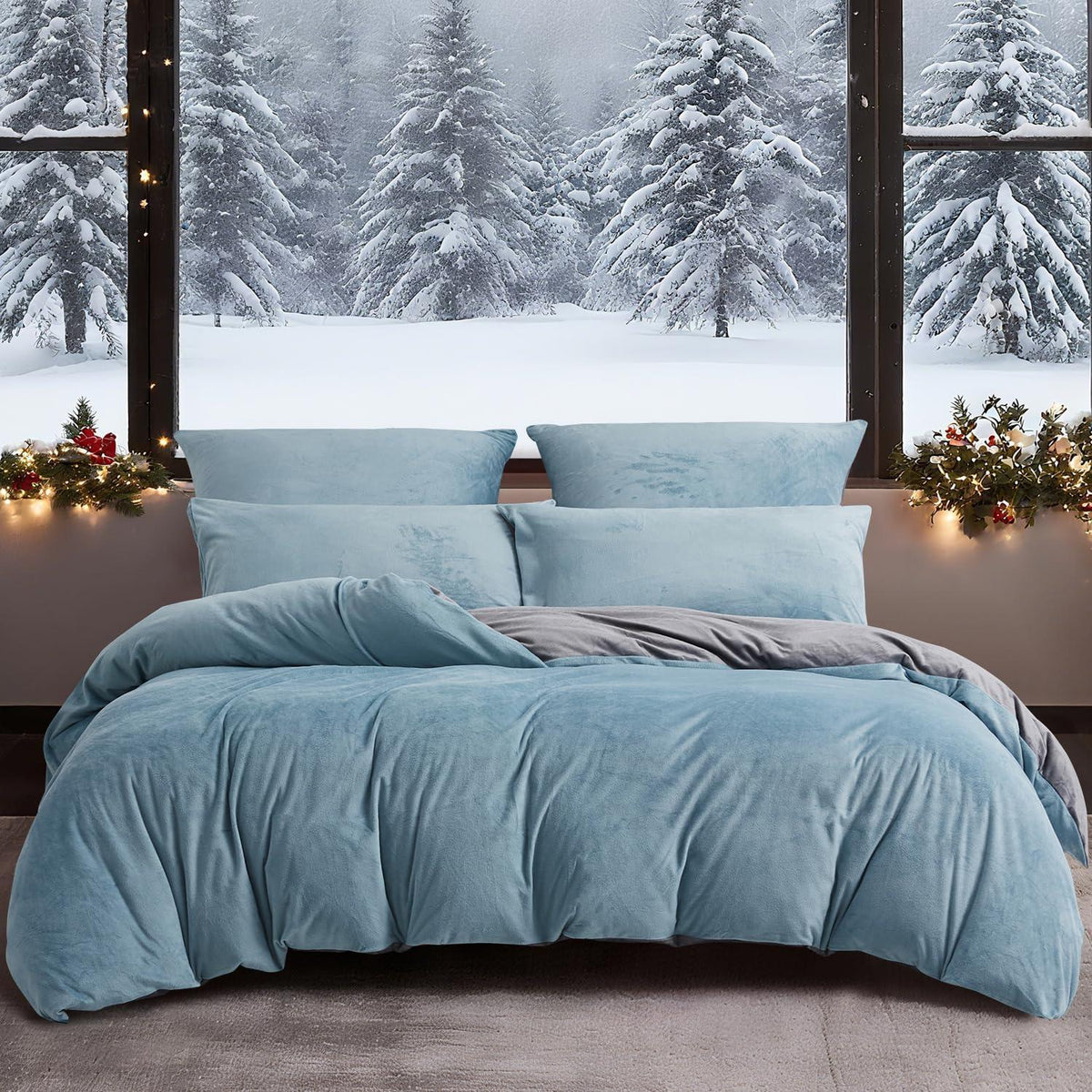Flauschige Winterbettwäsche 135x200 - Hellblau Grau 4-teilig