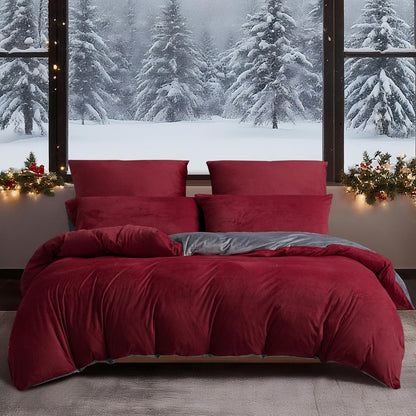 Flauschige Winterbettwäsche 135x200 cm, 4-teilig, Weinrot Grau