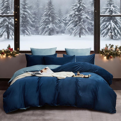 Flauschige Winterbettwäsche 135x200 Dunkelblau Hellblau 4-teilig