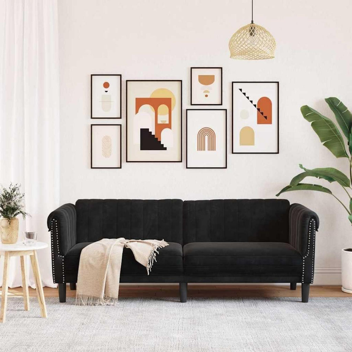 3-Sitzer Sofa Schwarz Samt – Moderne Bodencouch