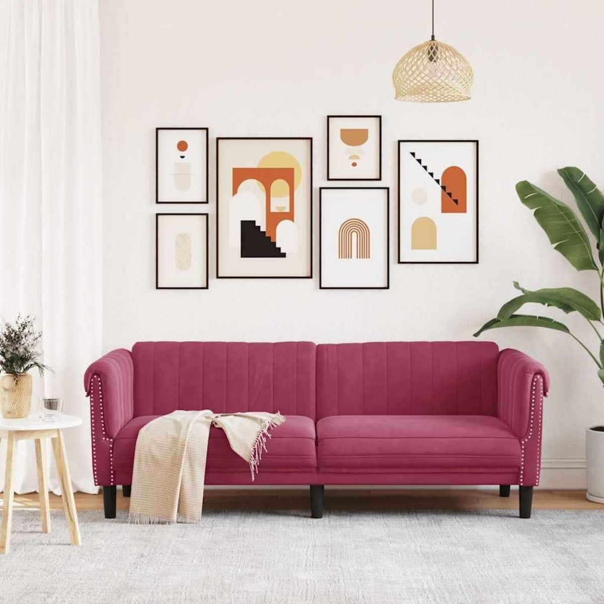 Weinrotes 3-Sitzer Sofa aus Samt – Wohnzimmer & Schlafzimmer