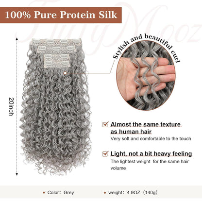 Lockige Haarverlängerung 50cm Grau – 100% Proteinseide