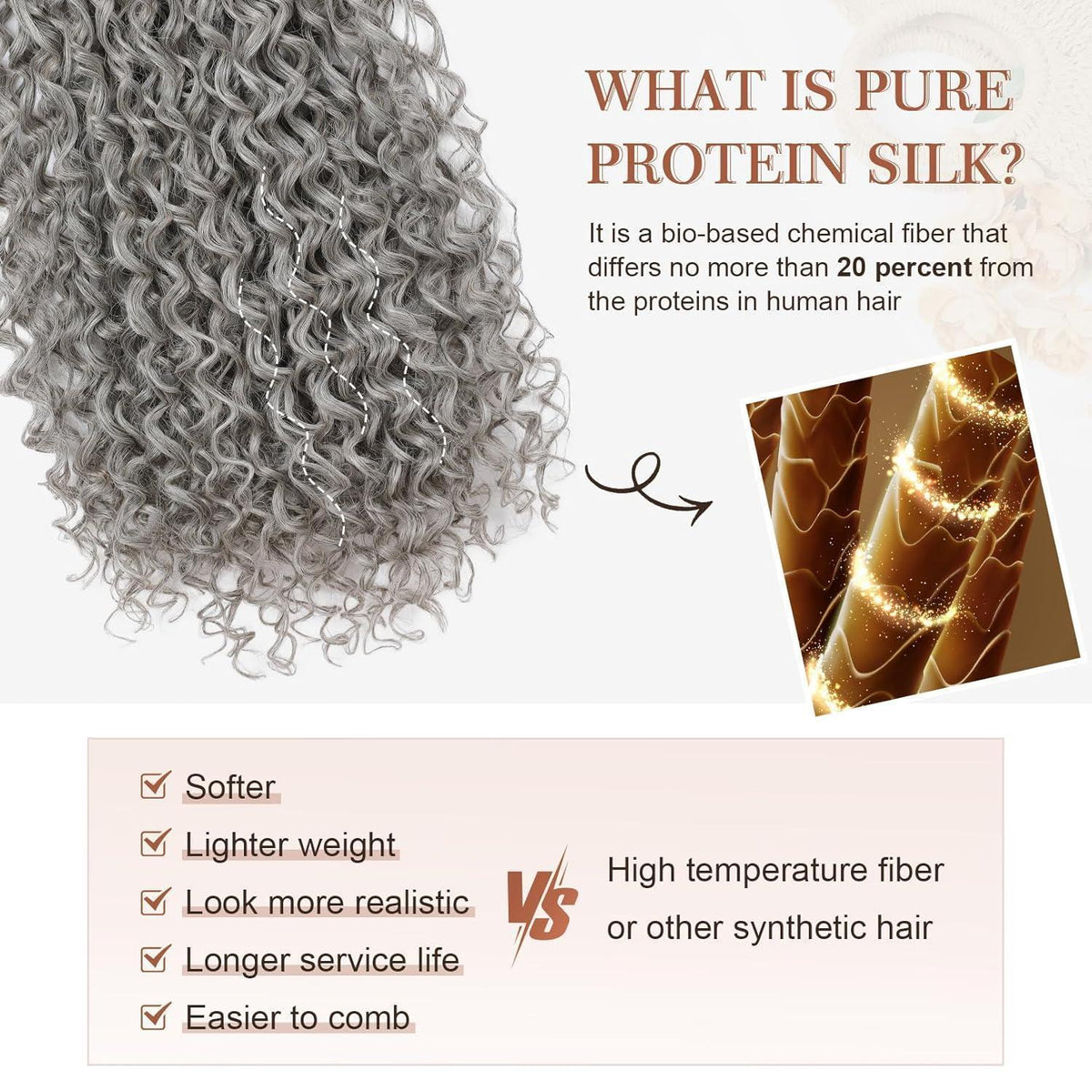 Lockige Haarverlängerung 50cm Grau – 100% Proteinseide