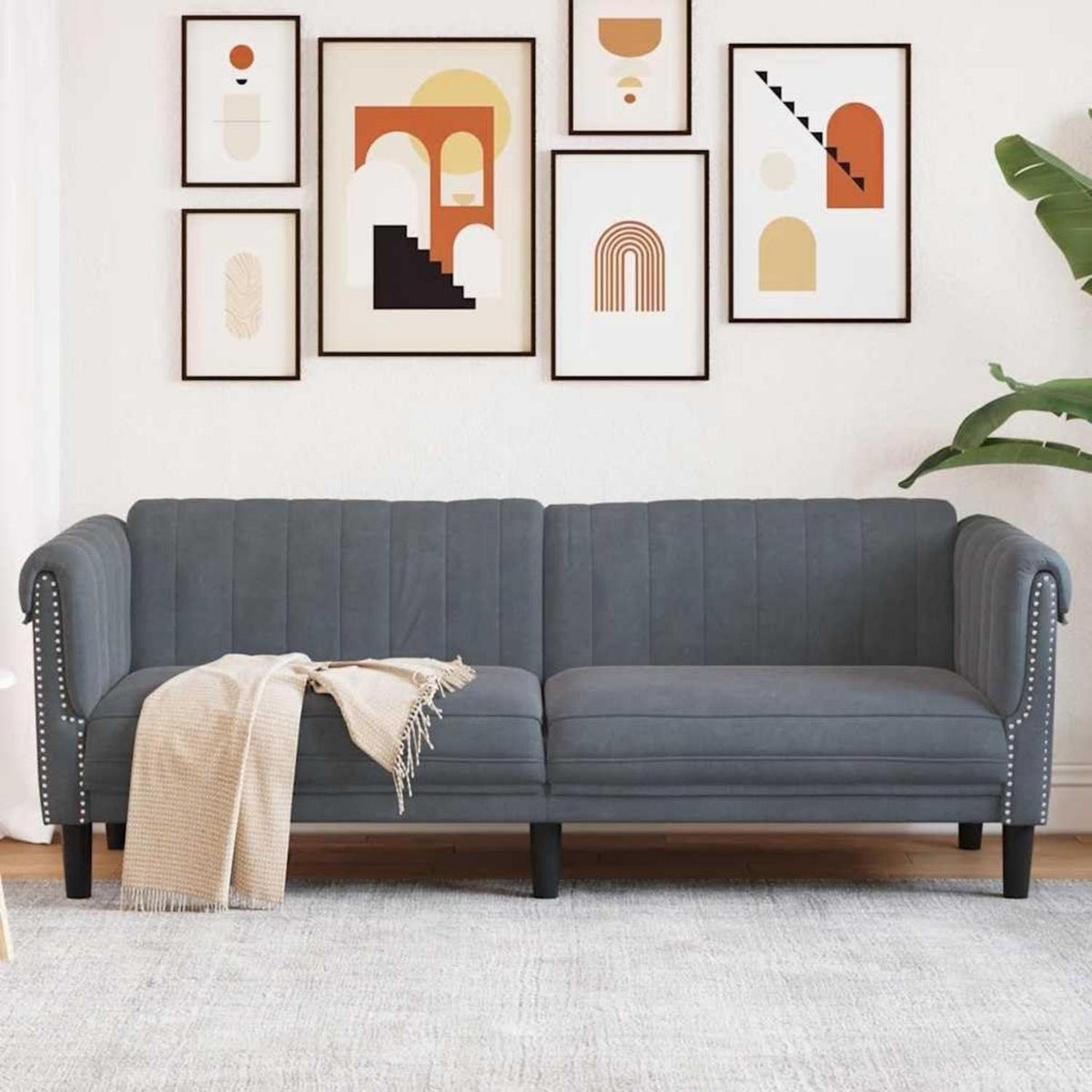 3-Sitzer Sofa Dunkelgrau Samt Modern mit Kissen