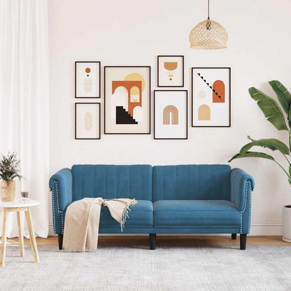 2-Sitzer Sofa Blau Samt – Bequemer Lesesessel mit Holzbeinen