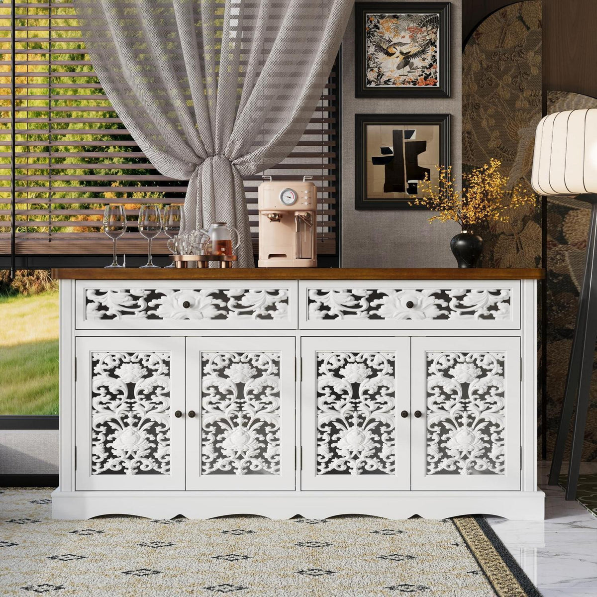 Rokoko Sideboard Kommode mit 2 Schubladen & 3 Türen, Weiß