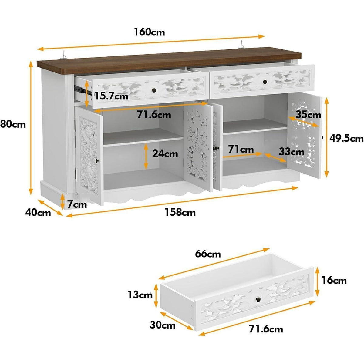 Rokoko Sideboard Kommode mit 2 Schubladen & 3 Türen, Weiß