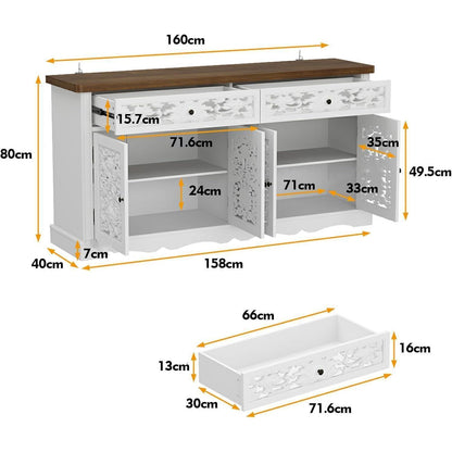 Rokoko Sideboard Kommode mit 2 Schubladen & 3 Türen, Weiß