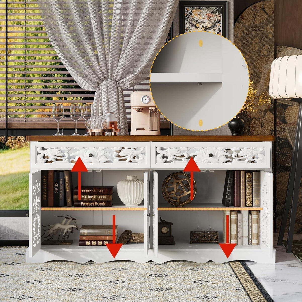 Rokoko Sideboard Kommode mit 2 Schubladen & 3 Türen, Weiß