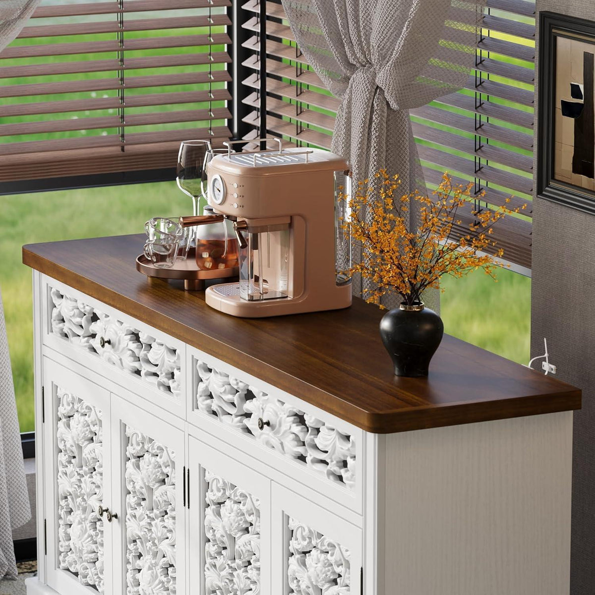 Rokoko Sideboard Kommode mit 2 Schubladen & 3 Türen, Weiß