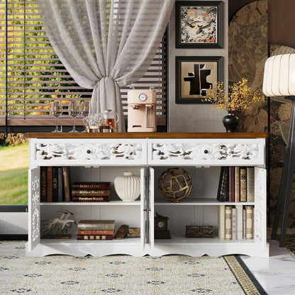 Rokoko Sideboard Kommode mit 2 Schubladen & 3 Türen, Weiß
