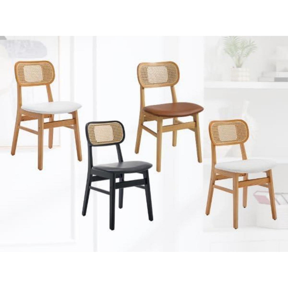 Esszimmerstühle Set 4er – Weißes & Rattan Design in Lederoptik