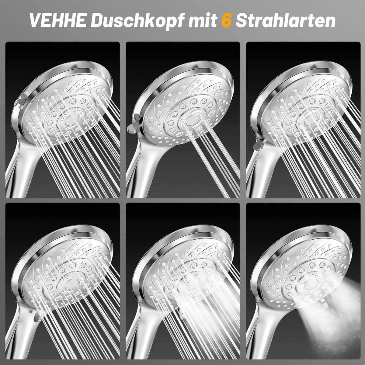 Wassersparender Duschkopf mit 6 Strahlarten & Selbstreinigung