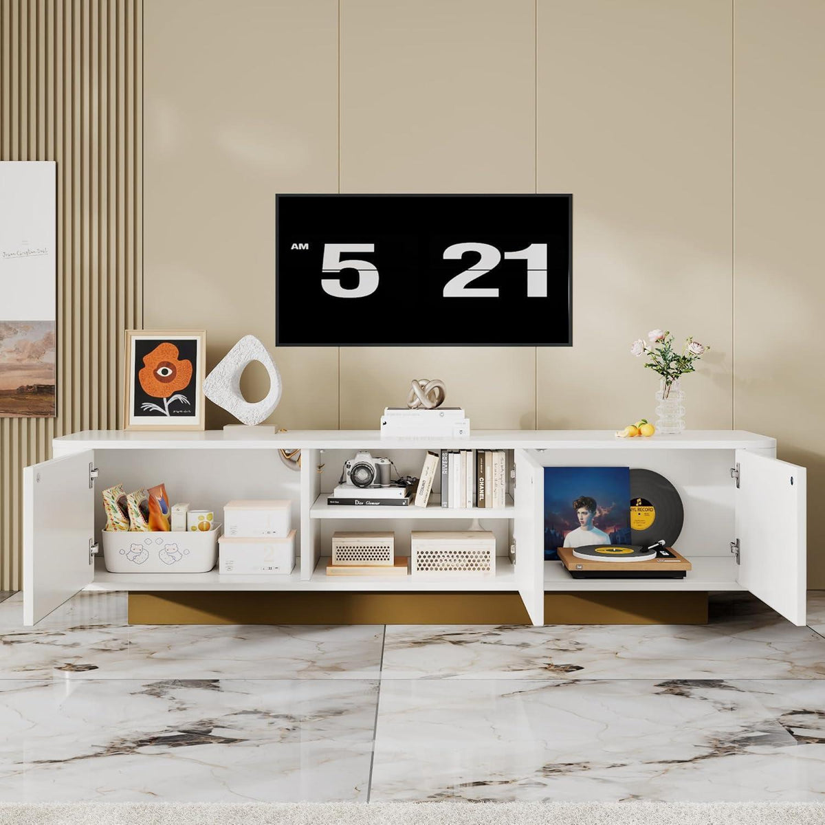 TV-Tisch mit 3 Türen – Weißes Lowboard für Wohnzimmer (170x40x47)