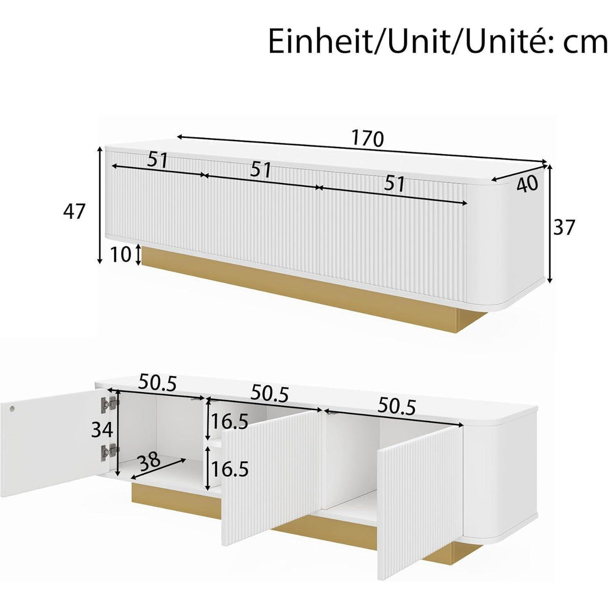 TV-Tisch mit 3 Türen – Weißes Lowboard für Wohnzimmer (170x40x47)