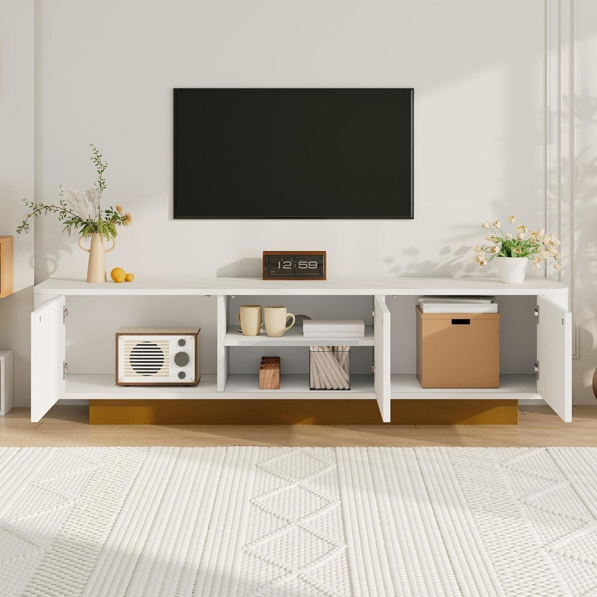 TV-Tisch mit 3 Türen – Weißes Lowboard für Wohnzimmer (170x40x47)