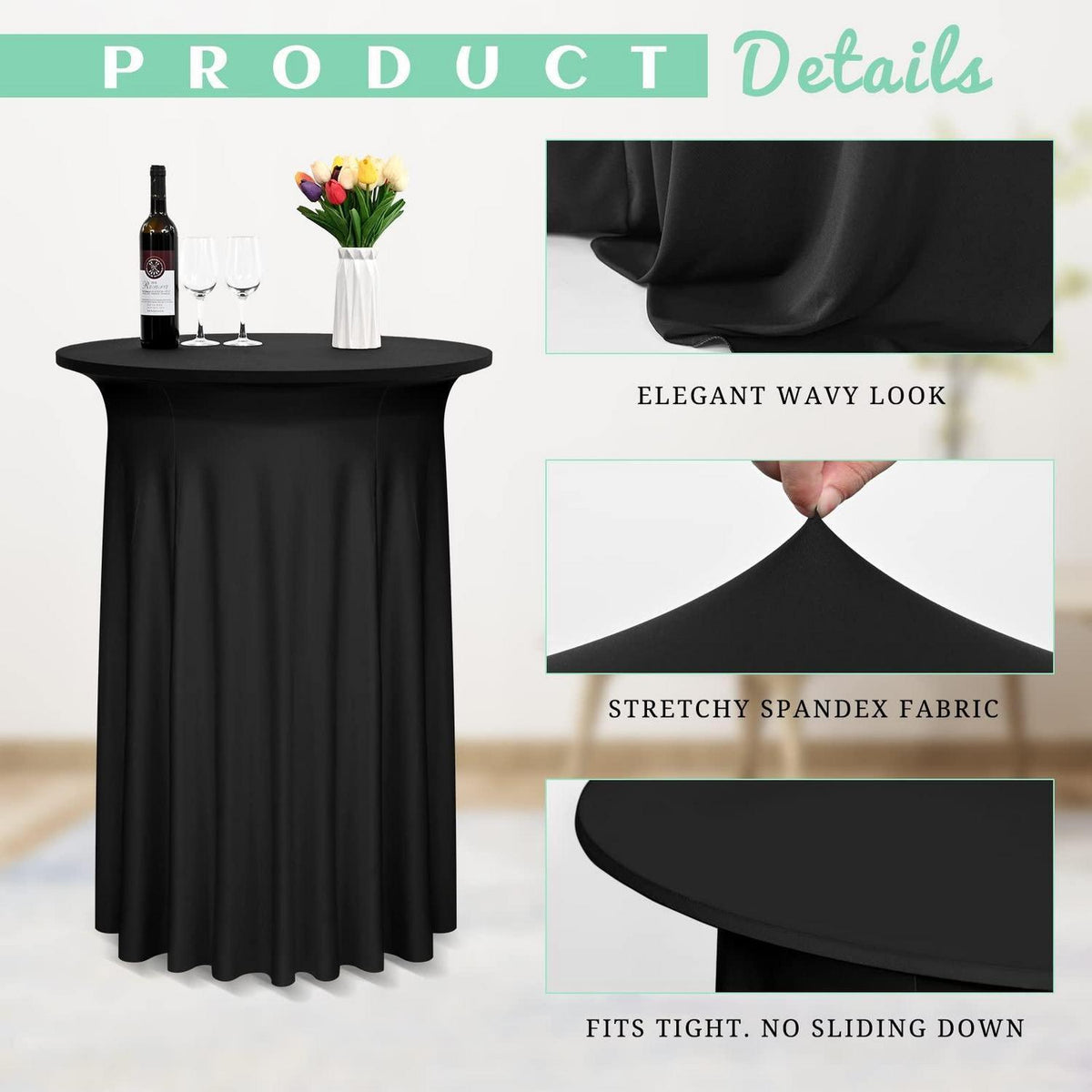 4x Cocktail Tischdecke Schwarz Spandex Elastisch 110x80cm