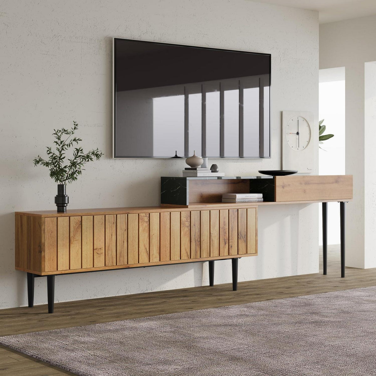 Platzsparendes TV-Board mit Längenverstellung & Marmor-Holz Design