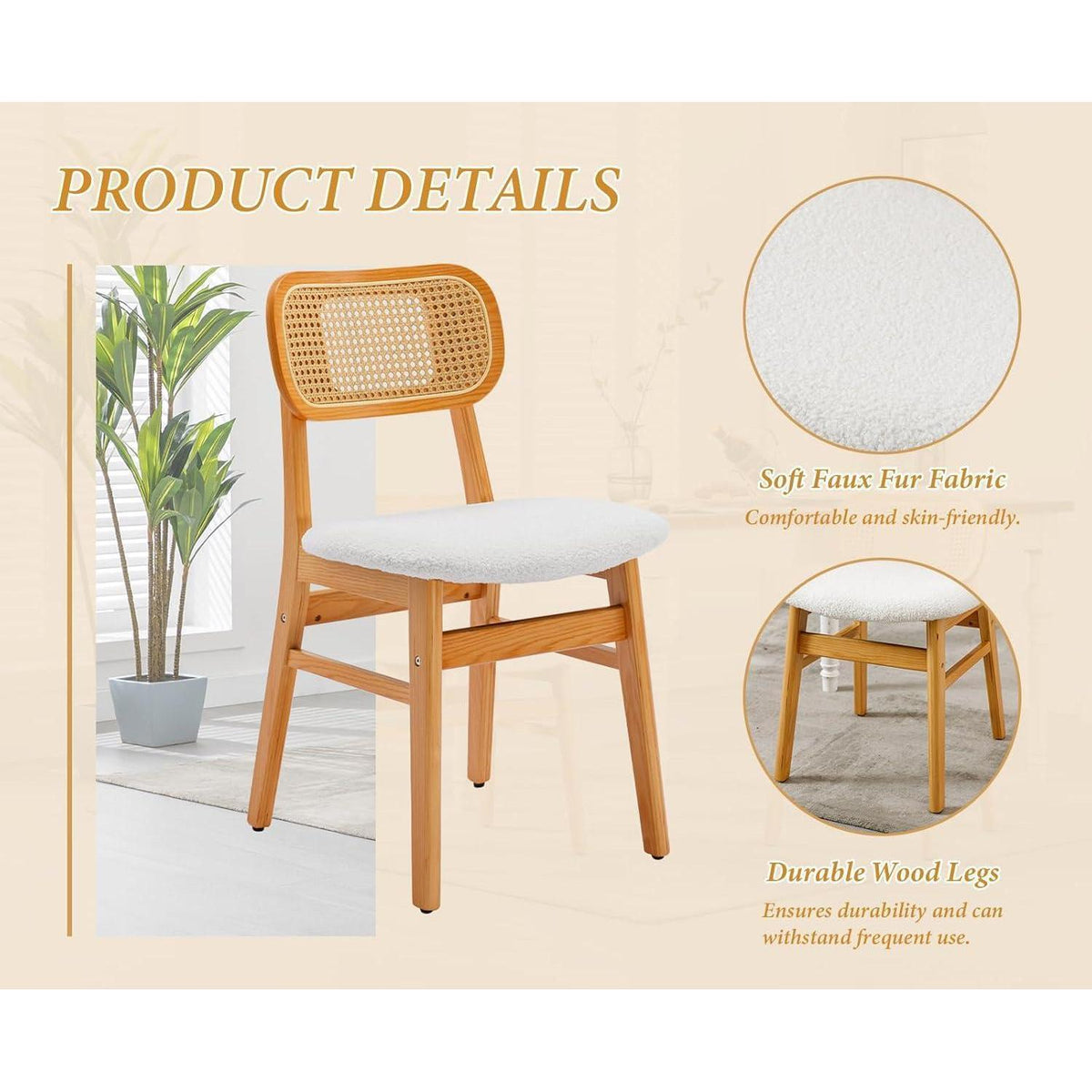 Esszimmerstühle 4er Set Kunstfell Rattan Beige
