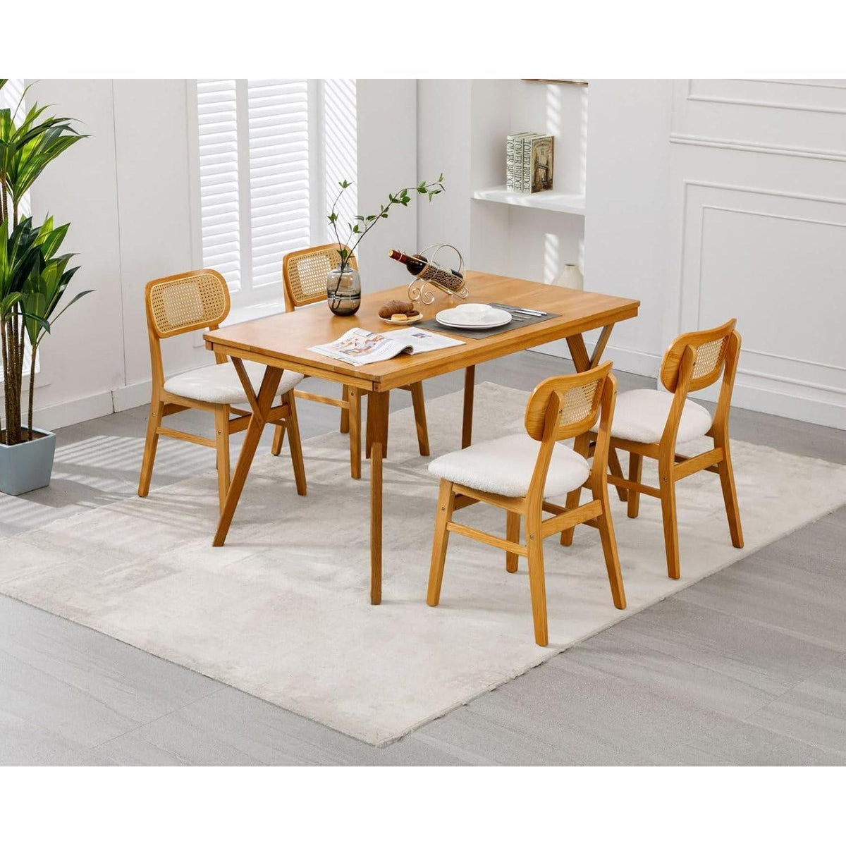 Esszimmerstühle 4er Set Kunstfell Rattan Beige