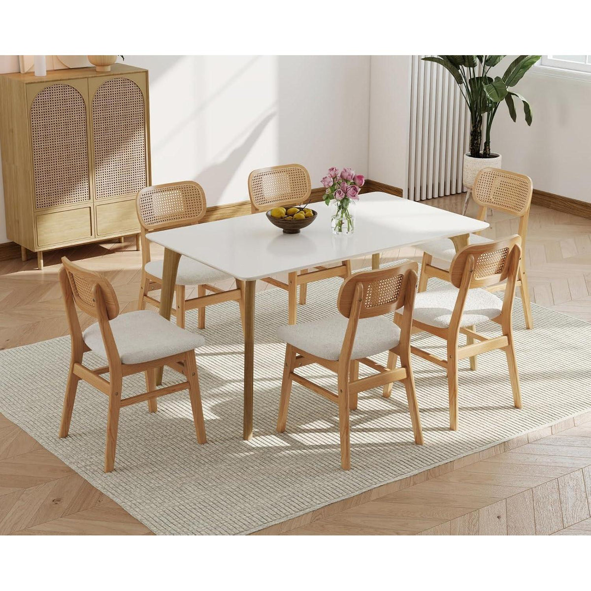 Esszimmerstühle 4er Set Kunstfell Rattan Beige