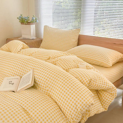 Gelbes Kariertes Bettwäsche-Set 155x220cm mit Kissenbezügen