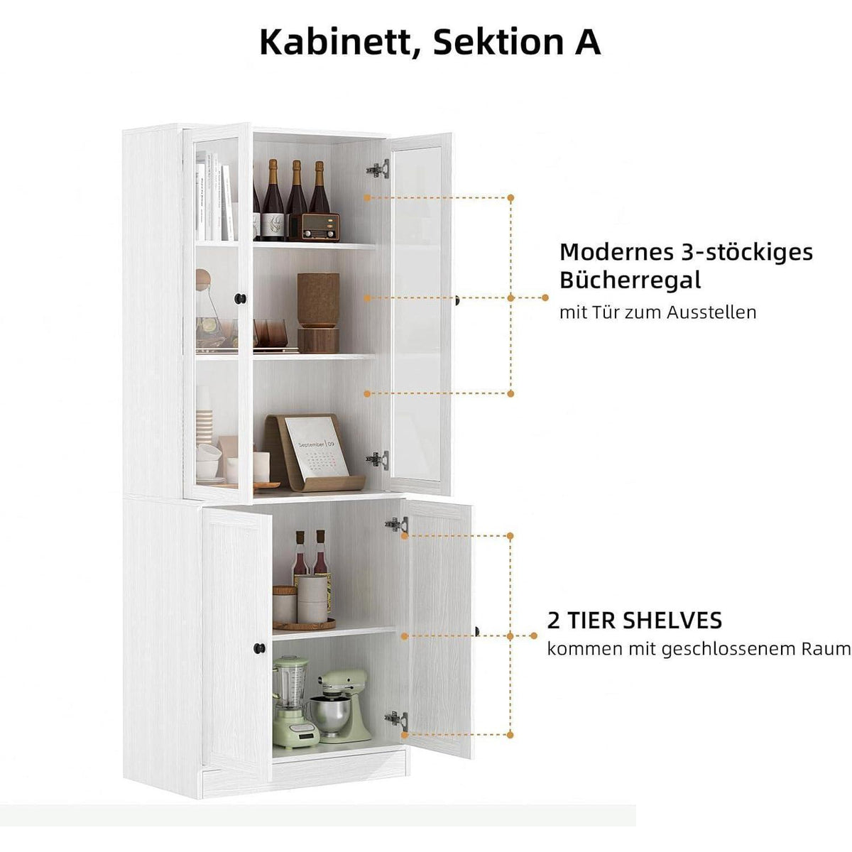 5-stöckiges Bücherregal mit Glastüren – Weißes Vitrinenschrank-System