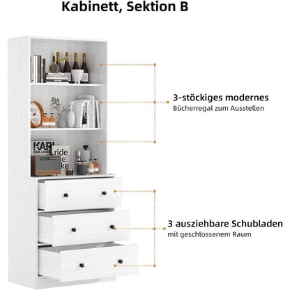 5-stöckiges Bücherregal mit Glastüren – Weißes Vitrinenschrank-System