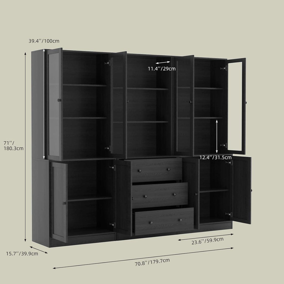 5-stöckiges Bücherregal mit Glastüren – 180cm Vitrine Schwarz