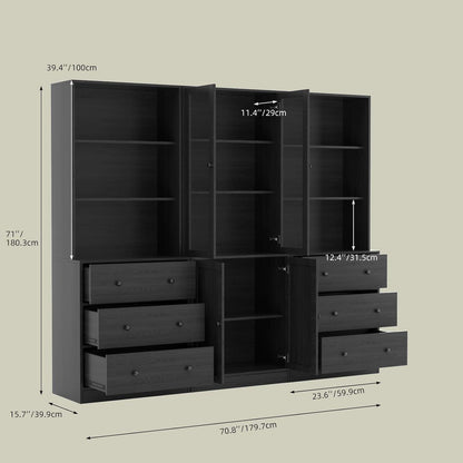 5-stöckiges Bücherregal mit Glastüren – 180cm Vitrine Schwarz