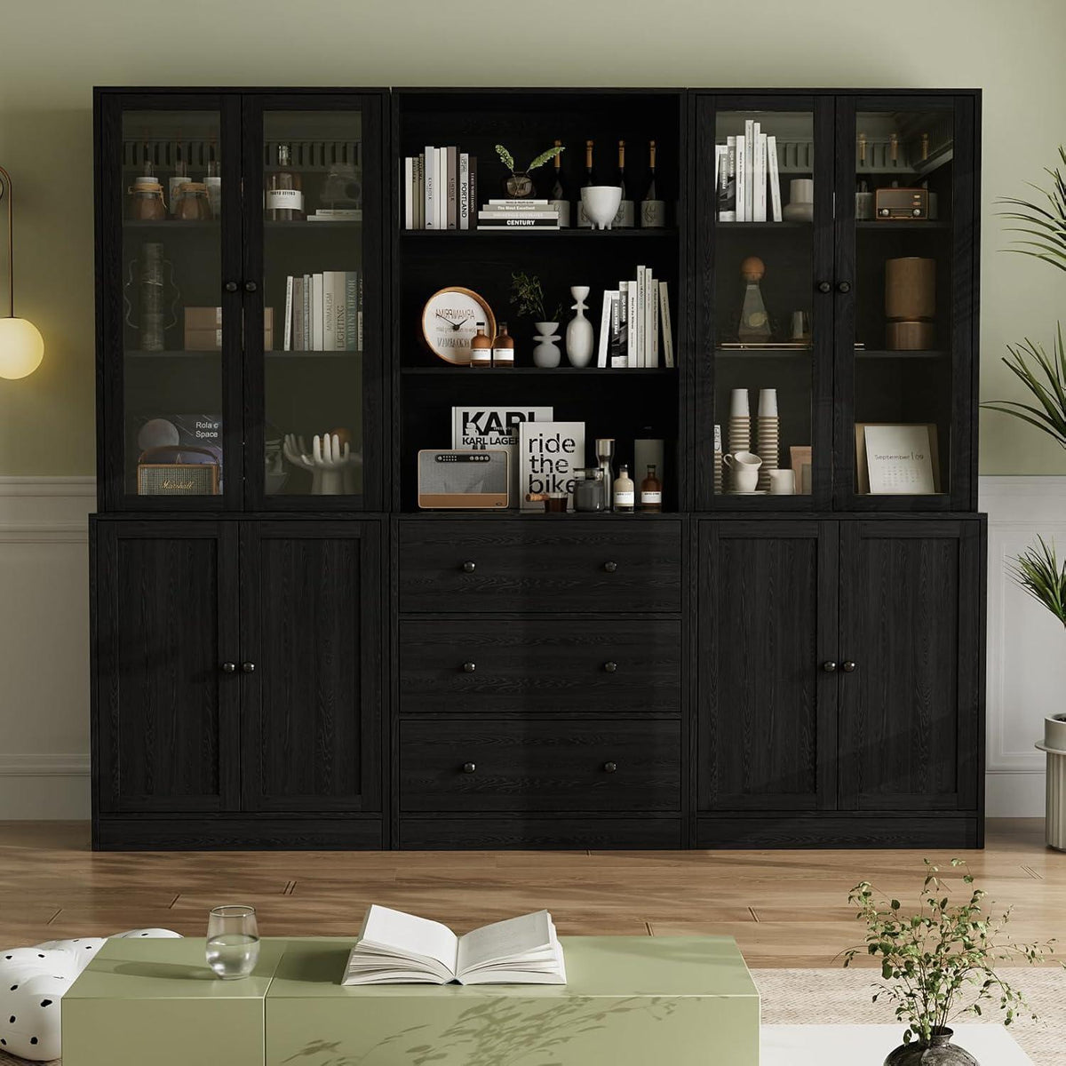 5-stöckiges Bücherregal mit Glastüren – 180cm Vitrine Schwarz