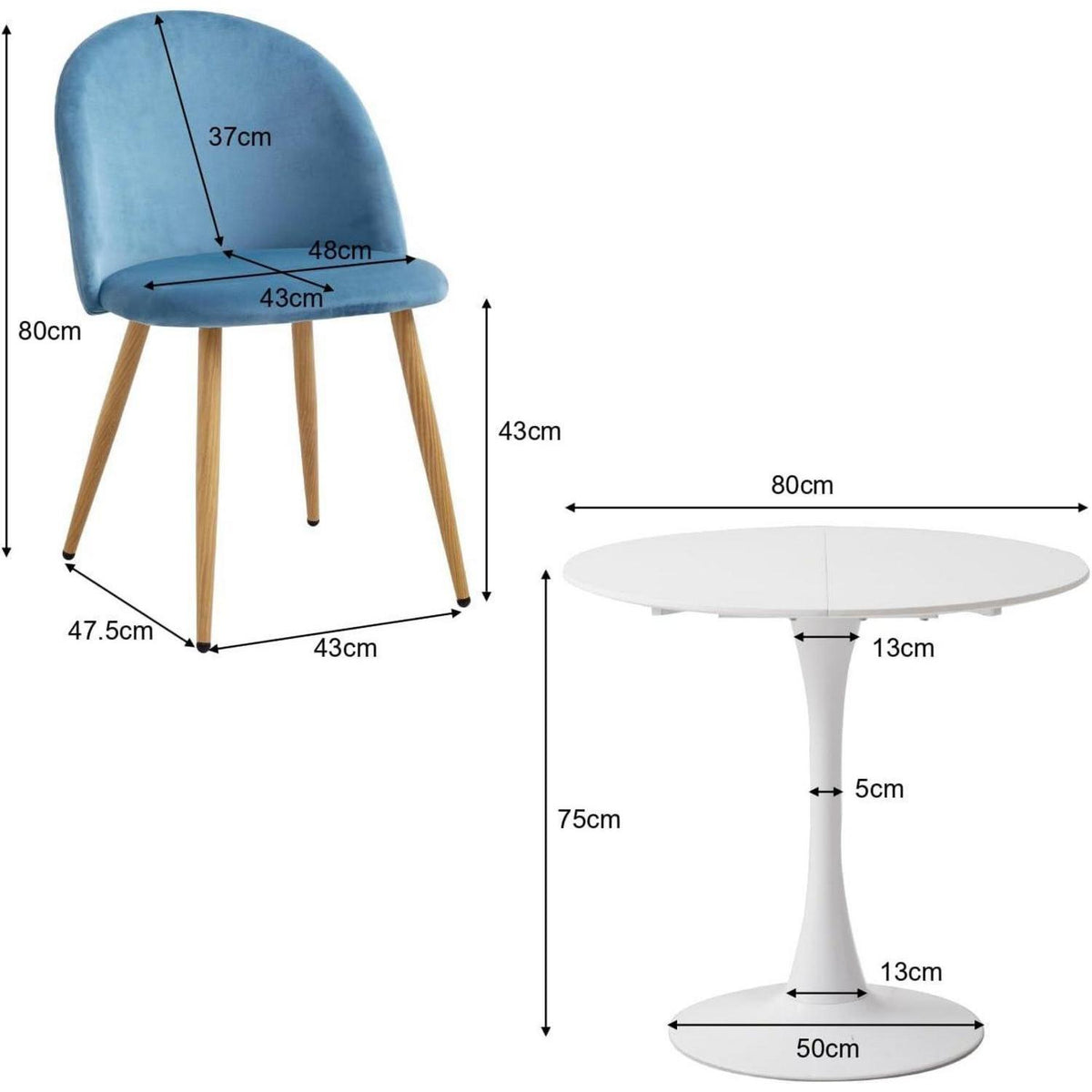 Runder Esstisch Set mit 4 Samtstühlen – Blau & Weiß