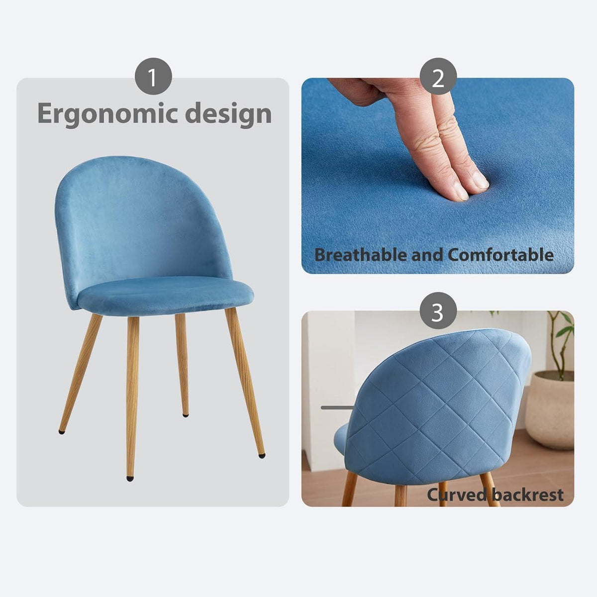Runder Esstisch Set mit 4 Samtstühlen – Blau & Weiß