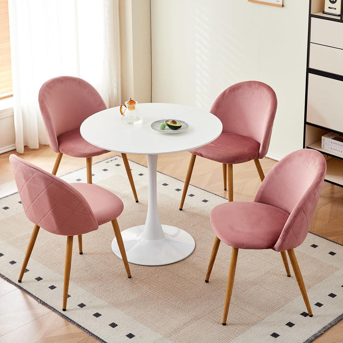 Runder Esstisch Set mit 4 Samtstühlen Rosa & Weiß 80x80cm