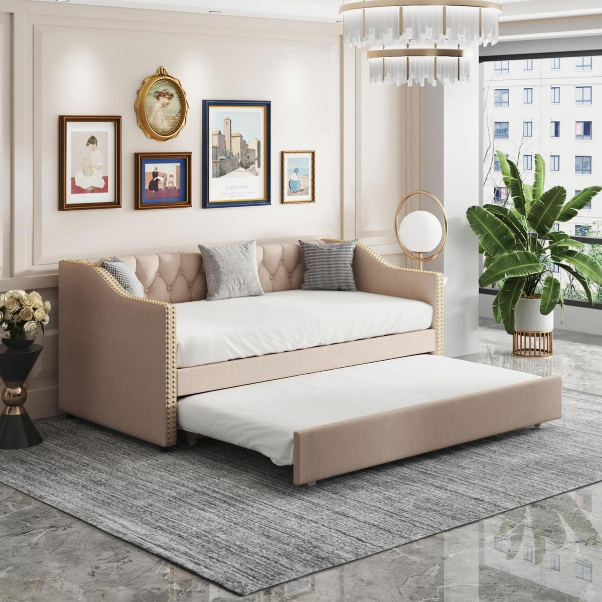 Schlafsofa 90x200 cm ausziehbar – Samt Beige, 2 Personen