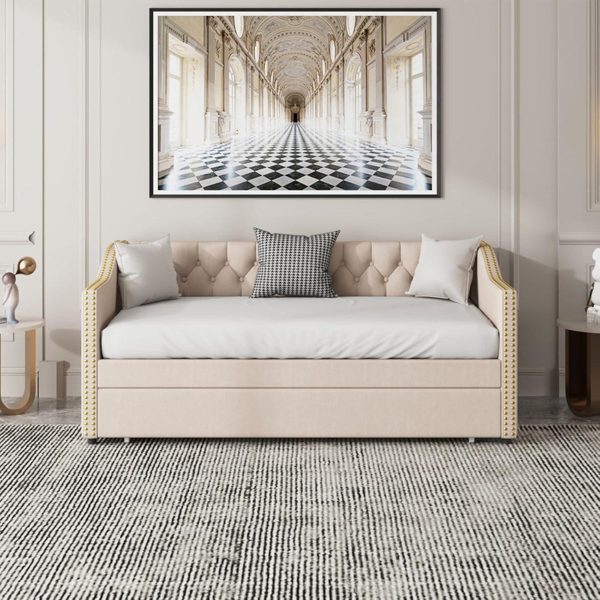 Schlafsofa 90x200 cm ausziehbar – Samt Beige, 2 Personen