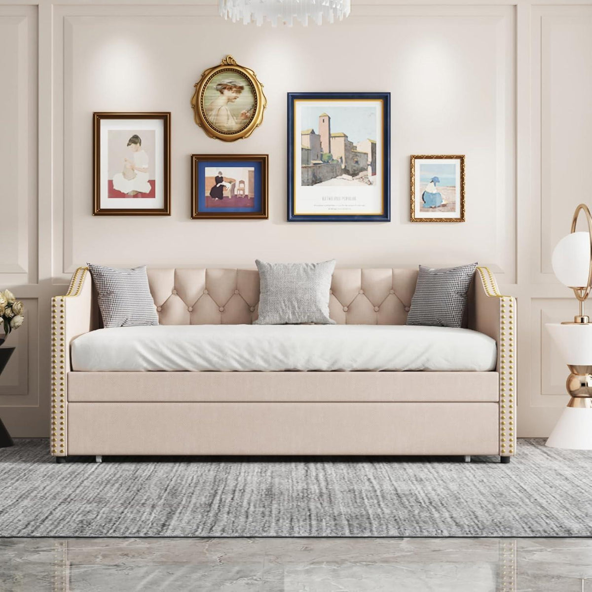 Schlafsofa 90x200 cm ausziehbar – Samt Beige, 2 Personen
