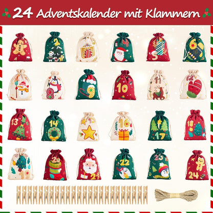 Adventskalender zum Befüllen – 24 Stoffbeutel mit Holzklammern & Seil