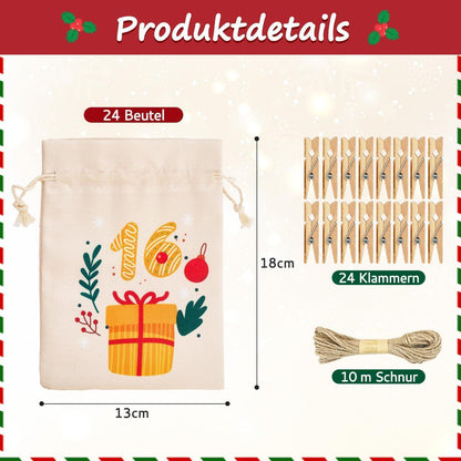 Adventskalender zum Befüllen – 24 Stoffbeutel mit Holzklammern & Seil