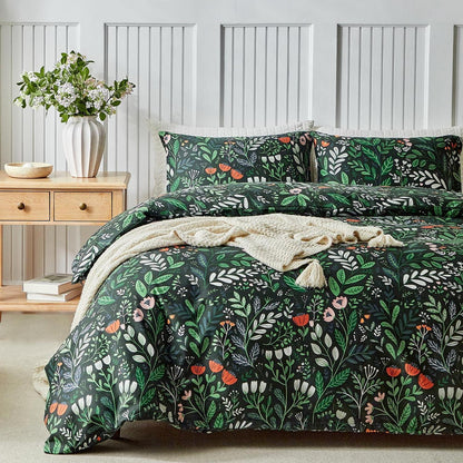 Vintage Blumen Bettwäsche Set Schwarz Grün 200x200 cm