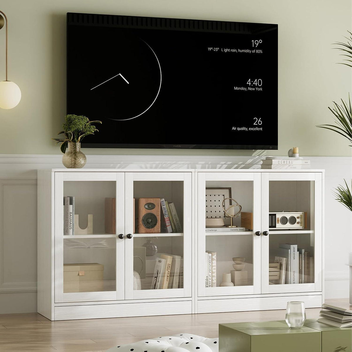 Großer TV-Schrank mit Bücherregal & Glastüren (280cm, Weiß)