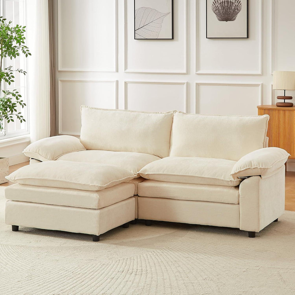 JIEXI Ecksofa mit Schlaffunktion – Beige, 2-Sitzer, L-Form