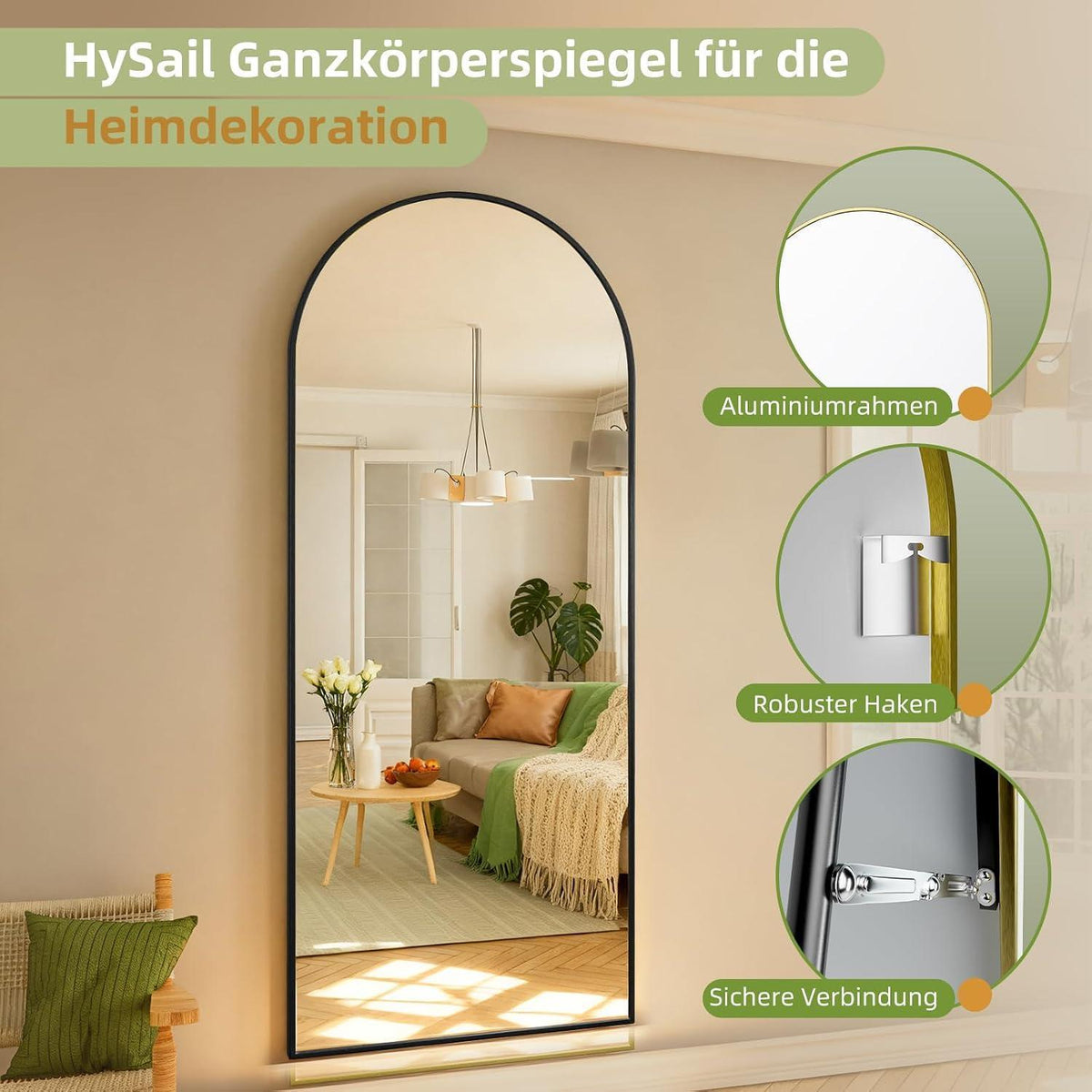 Großer Bogenförmiger Standspiegel – Schwarz 190x85cm, HD-Reflexion
