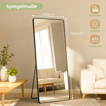 Großer Rechteckiger Standspiegel Schwarz – HD-Reflexion, 190x85cm