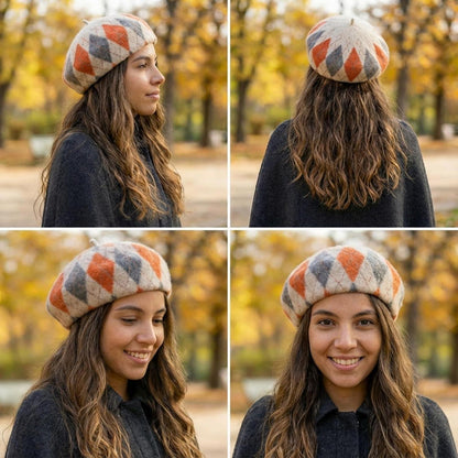 Karierte Damen Baskenmütze aus Wolle – Winter Beanie Mütze Orange