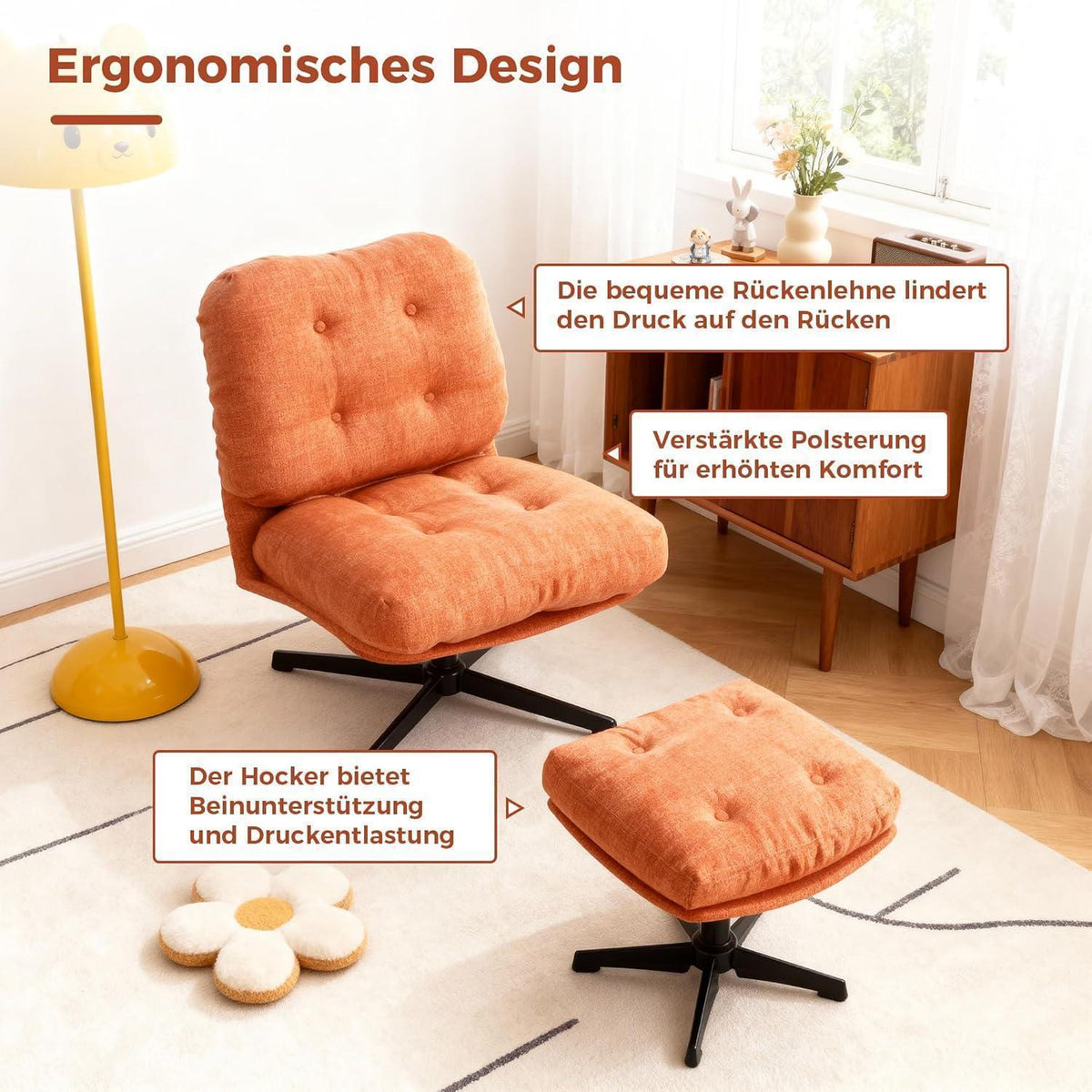 Drehbarer Relaxsessel mit Hocker & Chenille-Bezug, Orange