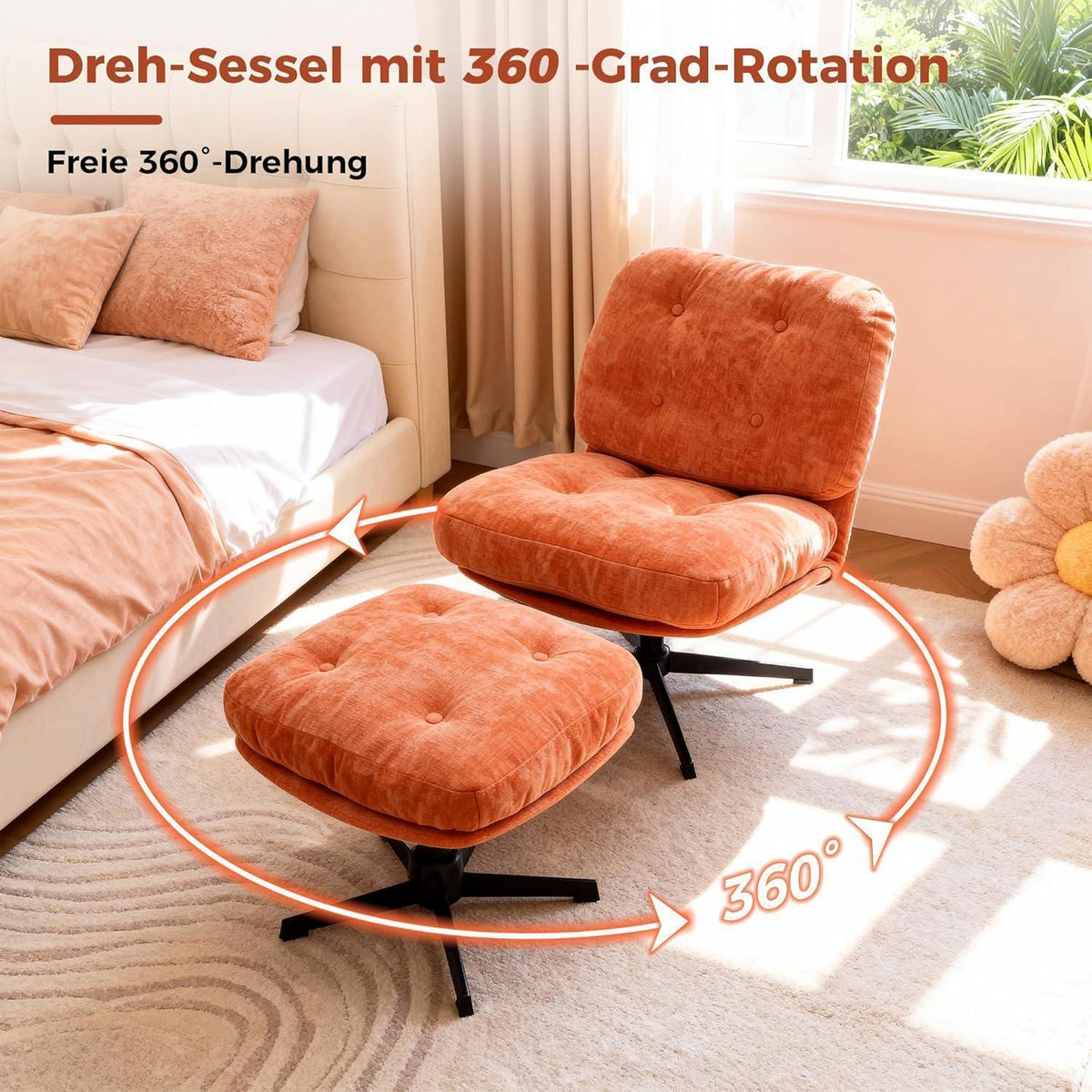 Drehbarer Relaxsessel mit Hocker & Chenille-Bezug, Orange